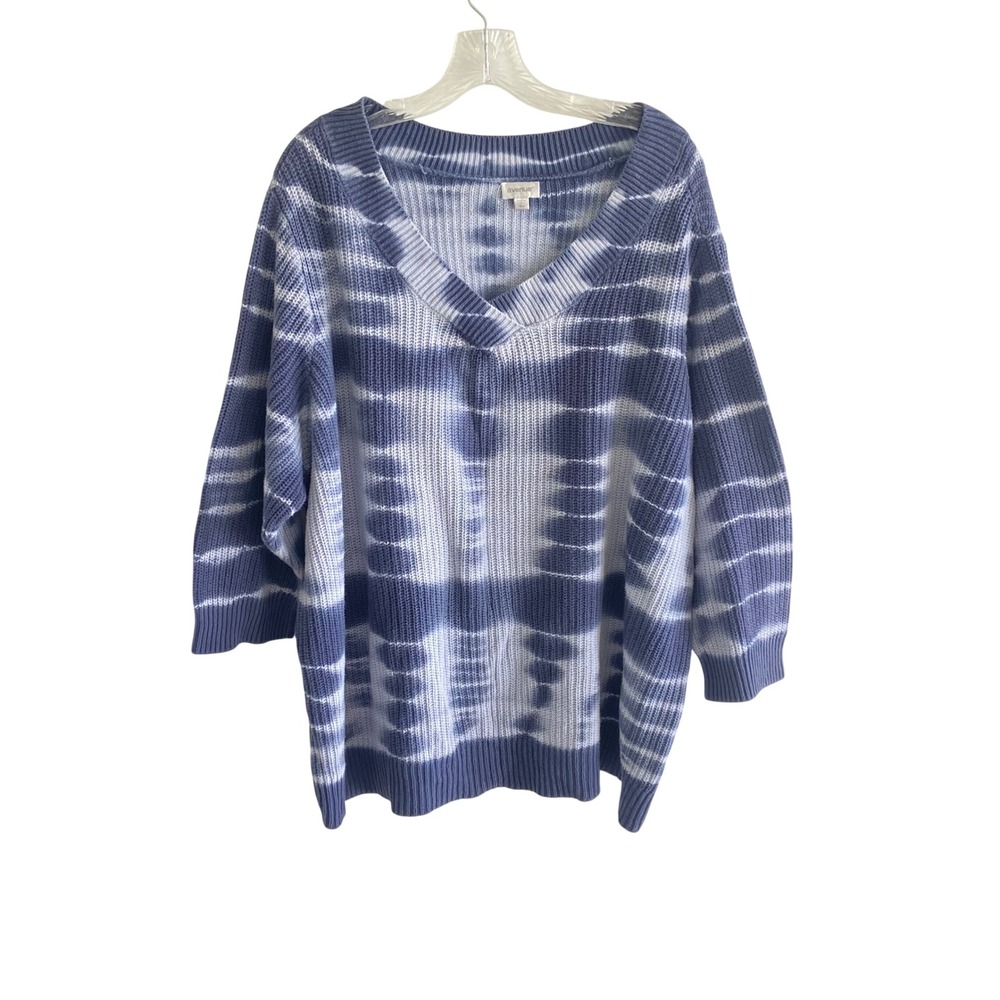 Avenue Plus Size 18/20 Blue White Tie Dye Cotton V-Neck Shaker Knit Sweater